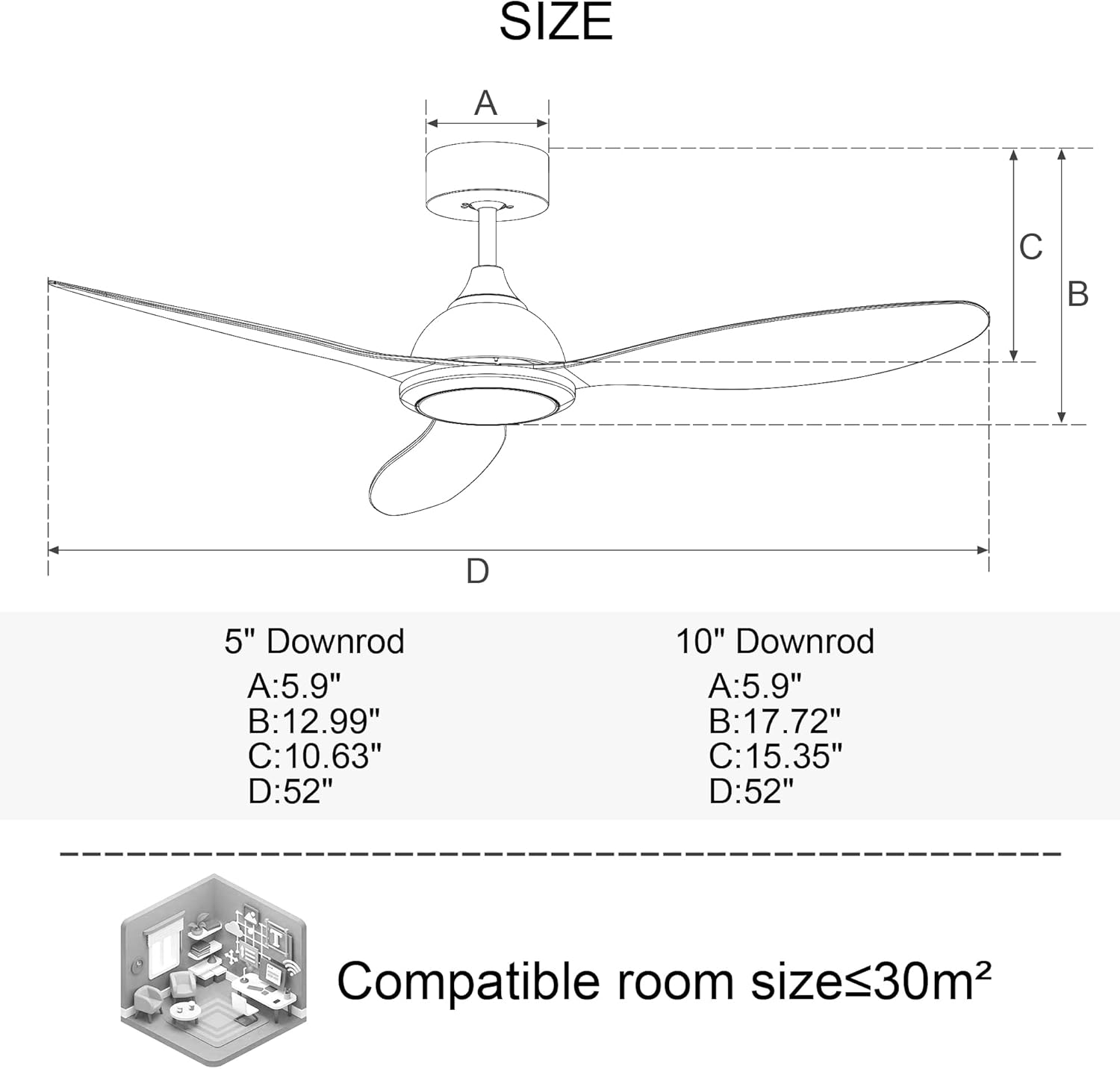 HOOOWOOO Modern Gray Ceiling Fan with Light Remote Control 52 Inch Small Ceiling Fan with Light Reversible Smart Ceiling Fan with Dimmable LED Light for Living Room Bedroom All Season,Whisper Quiet