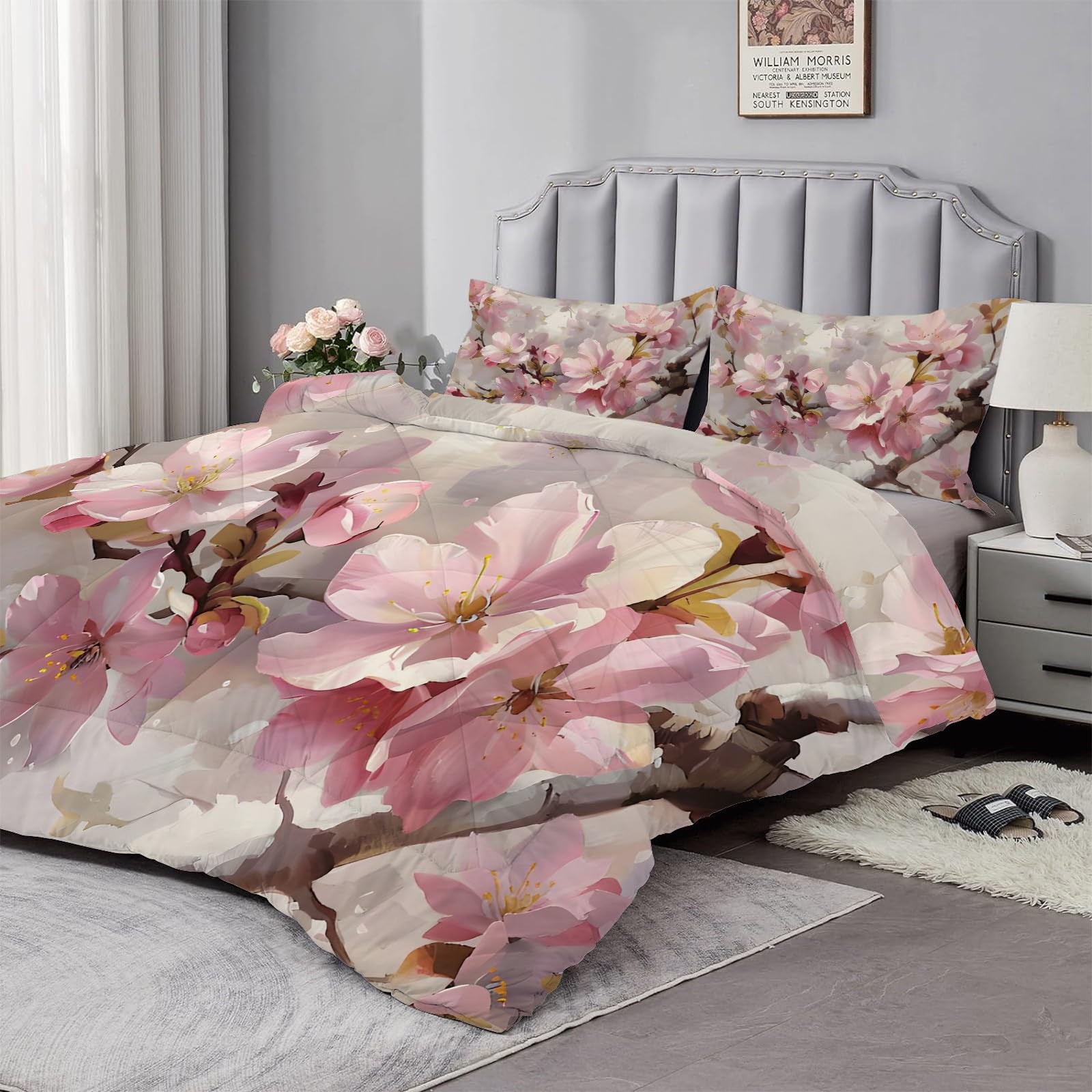 Piumino Letto Matrimoniale 4 Stagioni 220x240 cm, Fiori Rosa Reversibile Piumone Leggero 240x220 cm, Piante Primaverili Coperta Trapunta in Microfibra con 2 Federe, Lavabile in Lavatric