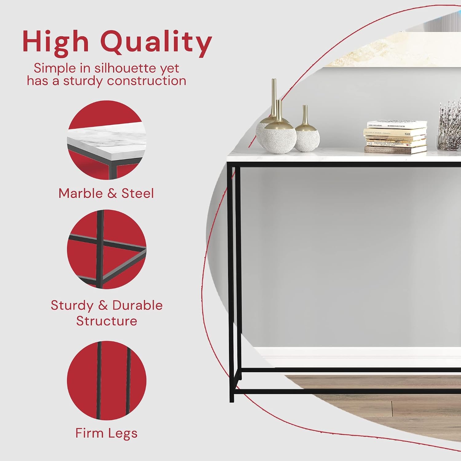 BOWERY HILL Contemporary Marble Console Table, 31" L x 13" W x 28" H, Engineered Wood Top, Black Metal Legs, Modern Style Entryway, Hallway or Living Room Accent Furniture