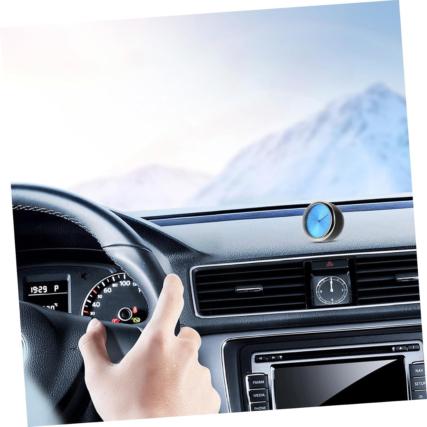 Amosfun Accurate Car Interior Thermometer with Quartz Clock Nighttime Blue Backlight for Dashboard Real Temperature Gauge Stylish Automotive Temperature Display