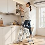 VEVOR 5 Step Ladder, Folding Step Stool with Wide Anti-Slip Pedal and Comfort Handgrip, 330 lbs Capacity Portable Aluminum Stepladder, Multi-Use for Kitchen, Warehouse, Household and Office, Silver