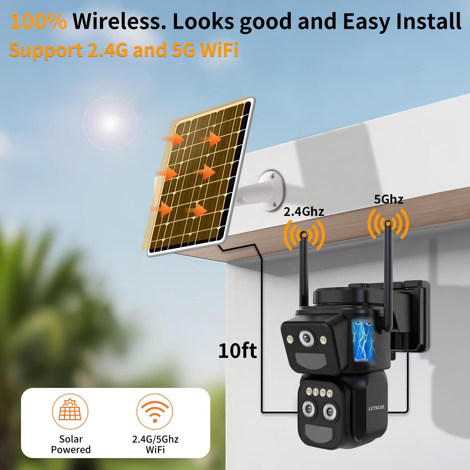 LETSCEE Security Cameras Wirelss Outdoor Solar Powered for Home Security, 360 View Outside Camera,Motion Detection,10x Hybrid Zoom PAN Tile,i IP-65 Weather Proof (3 Lens Hybrid Zoom)