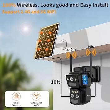 LETSCEE Security Cameras Wirelss Outdoor Solar Powered for Home Security, 360 View Outside Camera,Motion Detection,10x Hybrid Zoom PAN Tile,i IP-65 Weather Proof (3 Lens Hybrid Zoom)