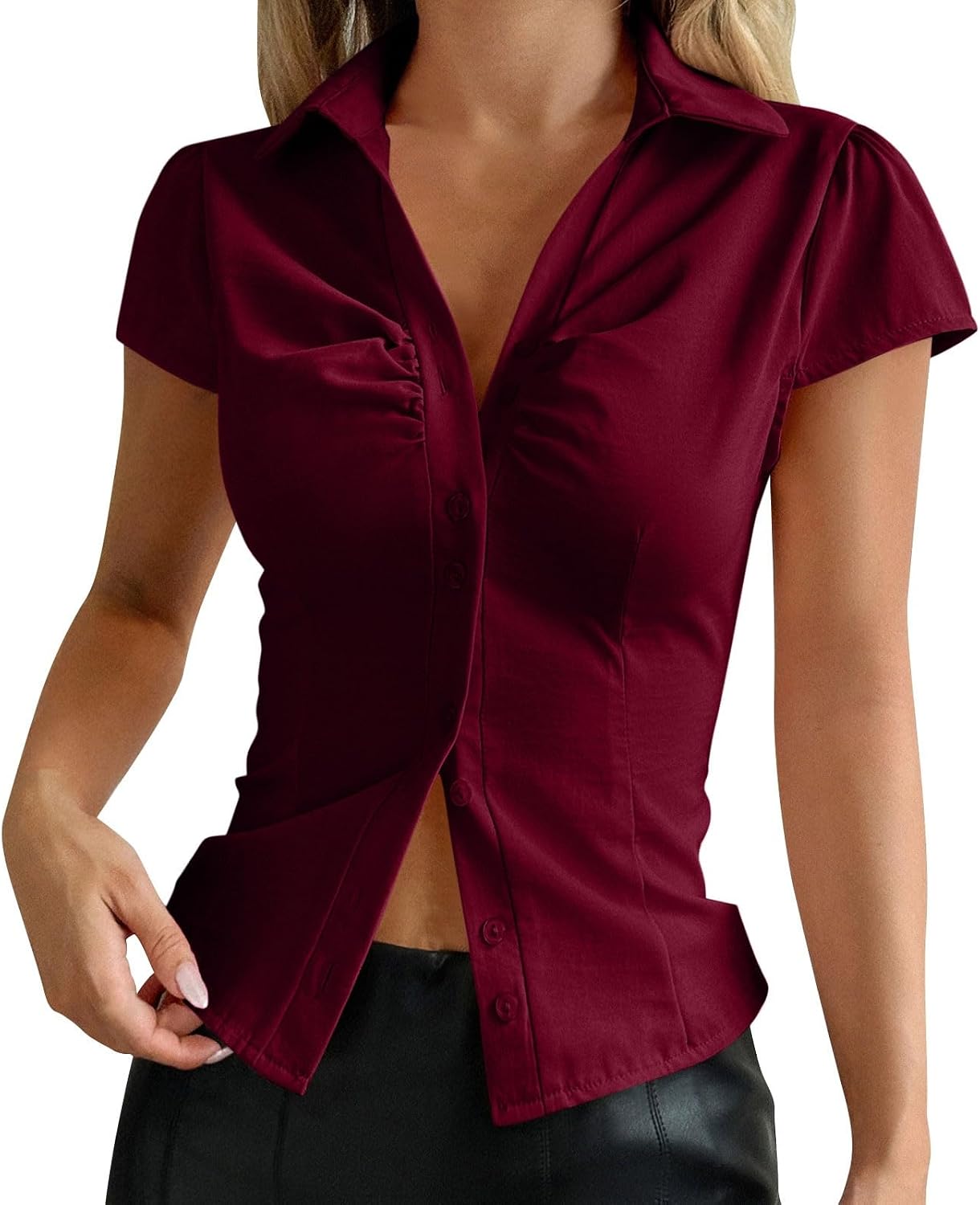 Women Button Down Ruched Blouse V Neck Short Sleeve Collared Tops Business Casual Slim Fit Work Going Out Shirt