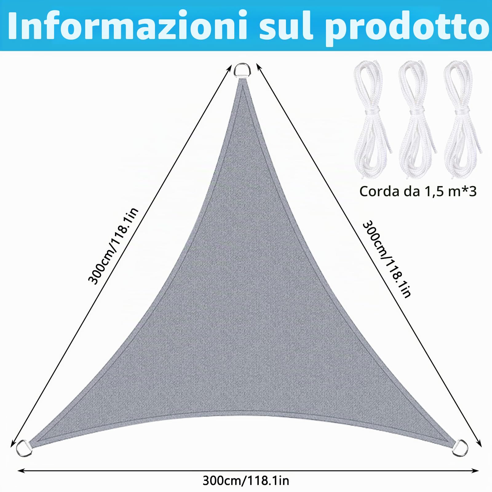 Tenda a Vela Triangolare 3x3x3m Impermeabile Anti UV Ombreggiante per Giardino Grigio