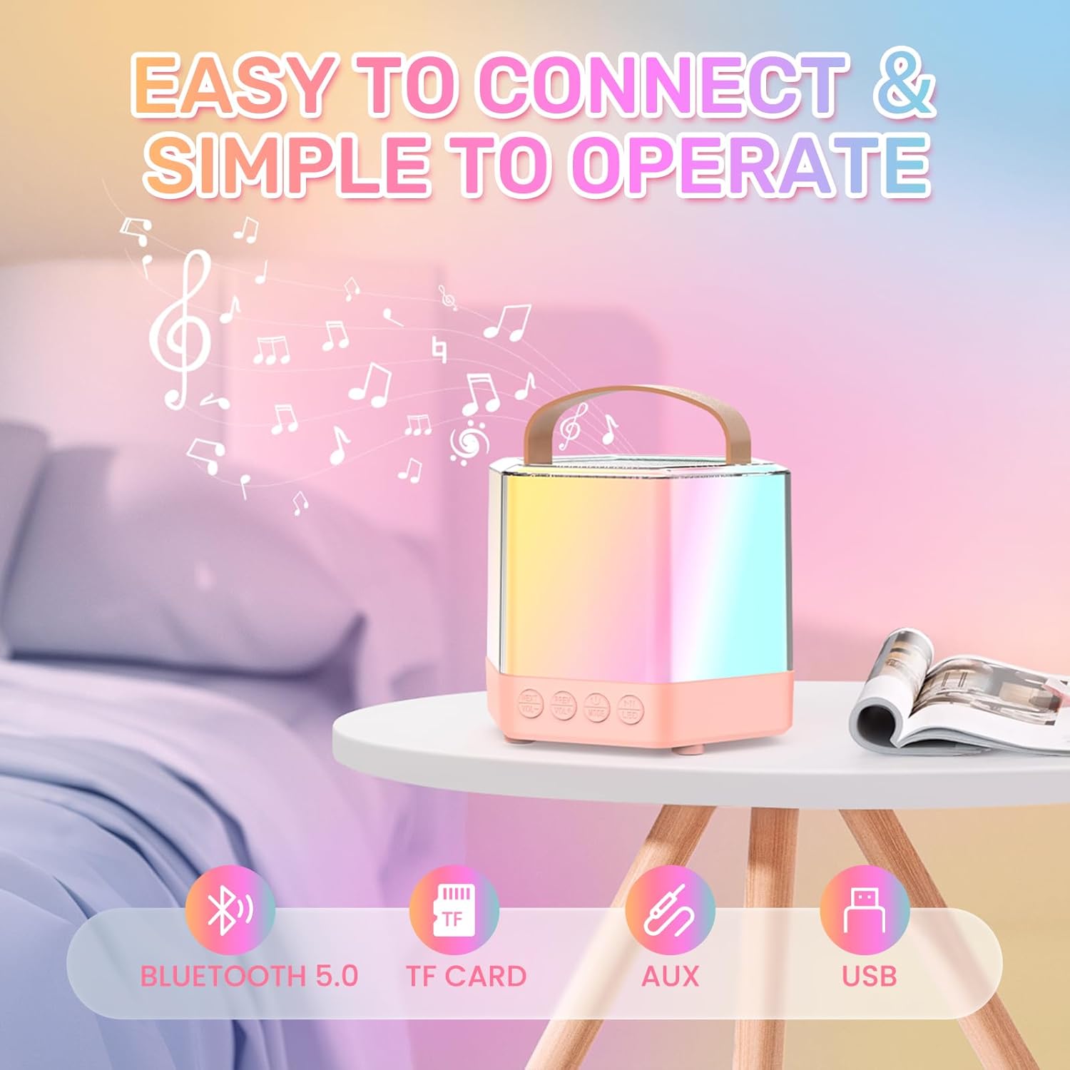 AIDELF Mini Karaoke Machine for Kids - Portable Bluetooth Karaoke Speaker with 2 Wireless Microphones and Party Lights Toy Ages 3-12+,Birthday Gifts for Girls Boys Family Home Party - Image 4