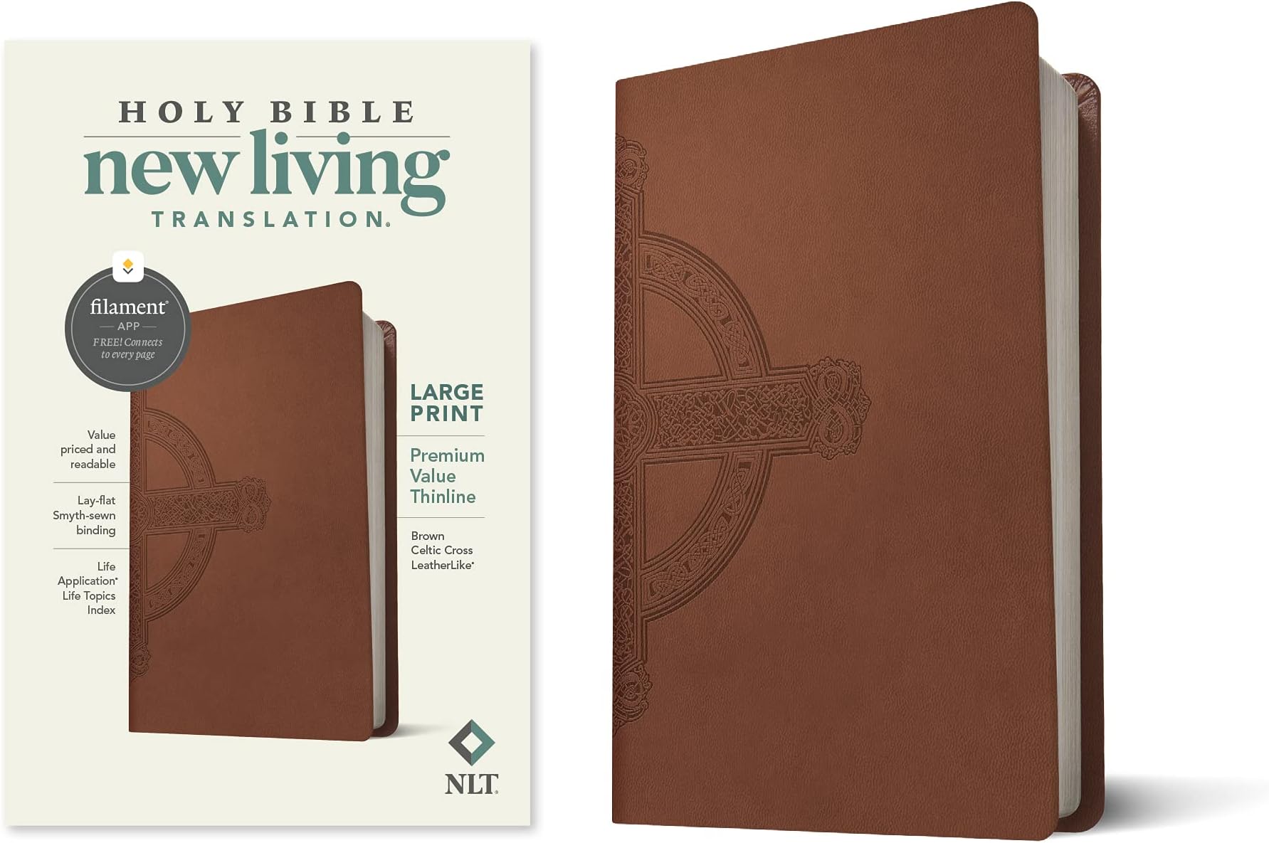 NLT Large Print Premium Value Thinline Bible, Filament Enabled Edition (Leatherlike, Brown Celtic Cross)