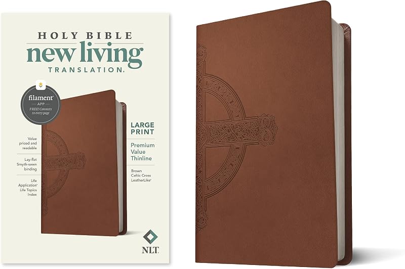 NLT Large Print Premium Value Thinline Bible, Filament Enabled (LeatherLike, Brown Celtic Cross)
