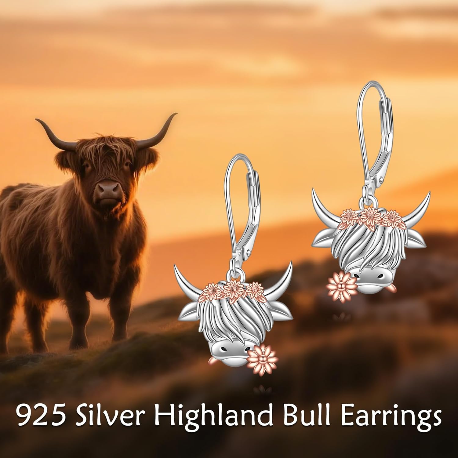 YAFEINI Highland Cow Earrings 925 Sterling Silver Highland Cow Leverback Dangle Earrings Scottish Jewelry for Women Gifts