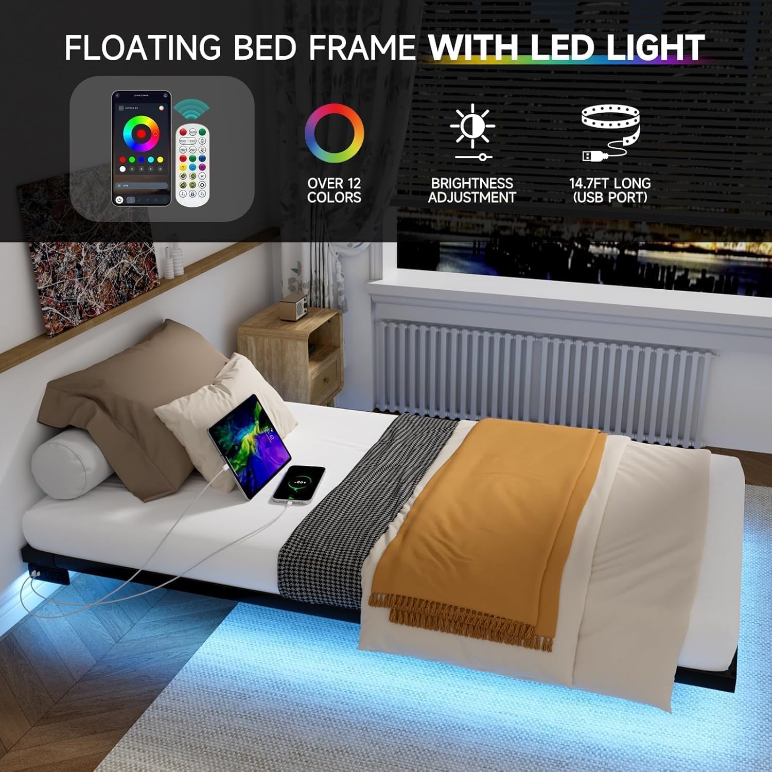 Floating Bed Frame Twin Size with LED Lights and Charging Station, Metal Platform Bed, Easy Assembly No Box Spring Needed