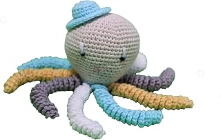 Pulpo amigurumi para recién nacido en color aguamarina, blanco gris y amarillo. Pulpo de ganchillo - crochet para bebé, ideal como regalo de nacimiento.