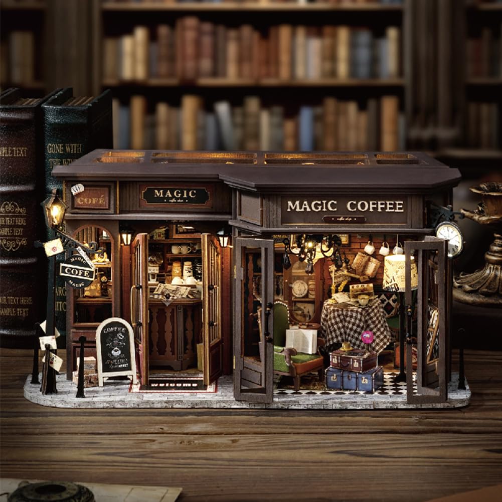 Miniaturowy zestaw Magic Coffee Shop domek dla lalek, drewniany zestaw do domku dla lalek, miniaturowy zestaw domków ze światłem LED, kreatywny pomysł na pokój dla dorosłych
