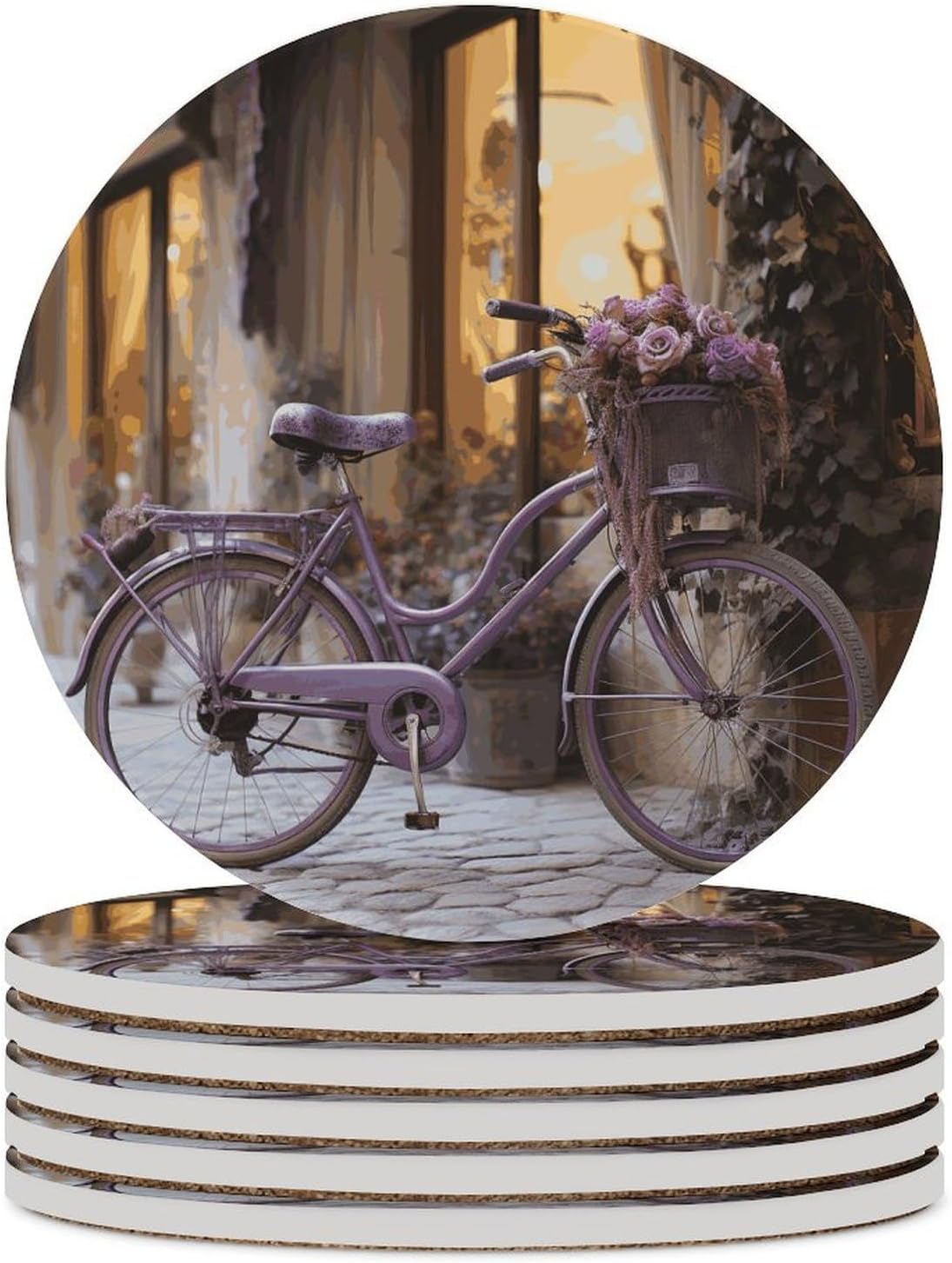 Purple Bike by The Window Coasters Round Coasters Set Ceramic Stone Coaster with Cork Base Coffee Cup Beverage Cup Mat Cute Funny Table Drinks Coaster for Mugs and Cups Office Kitchen