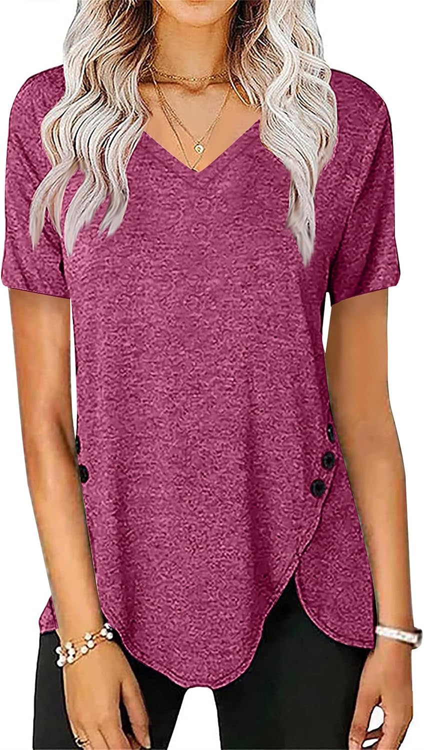 Women's Casual Short Sleeve T Shirts Fashion Solid Color V Neck Tunics Tops Loose Fit Button Dressy Shirt Blouse
