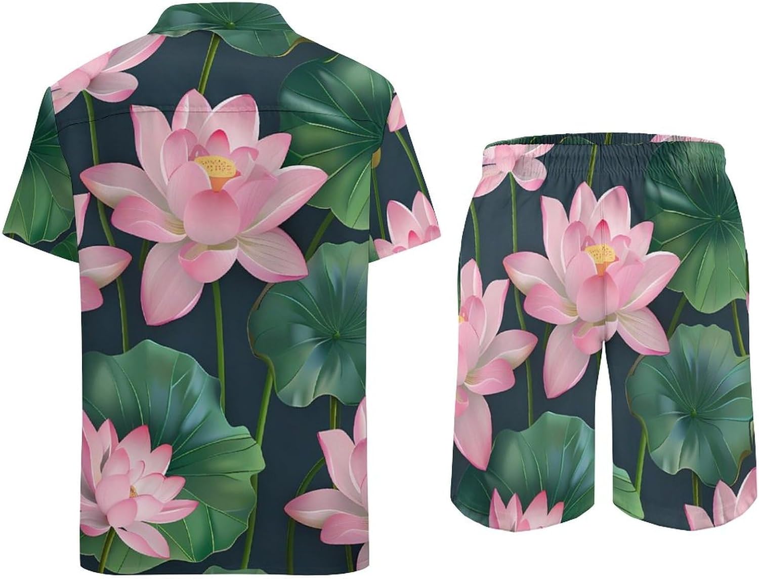 Lotuses Flowers Men's Summer Beach Outfits Shirt And Shorts Set 2 Piece Vacation Swimwear