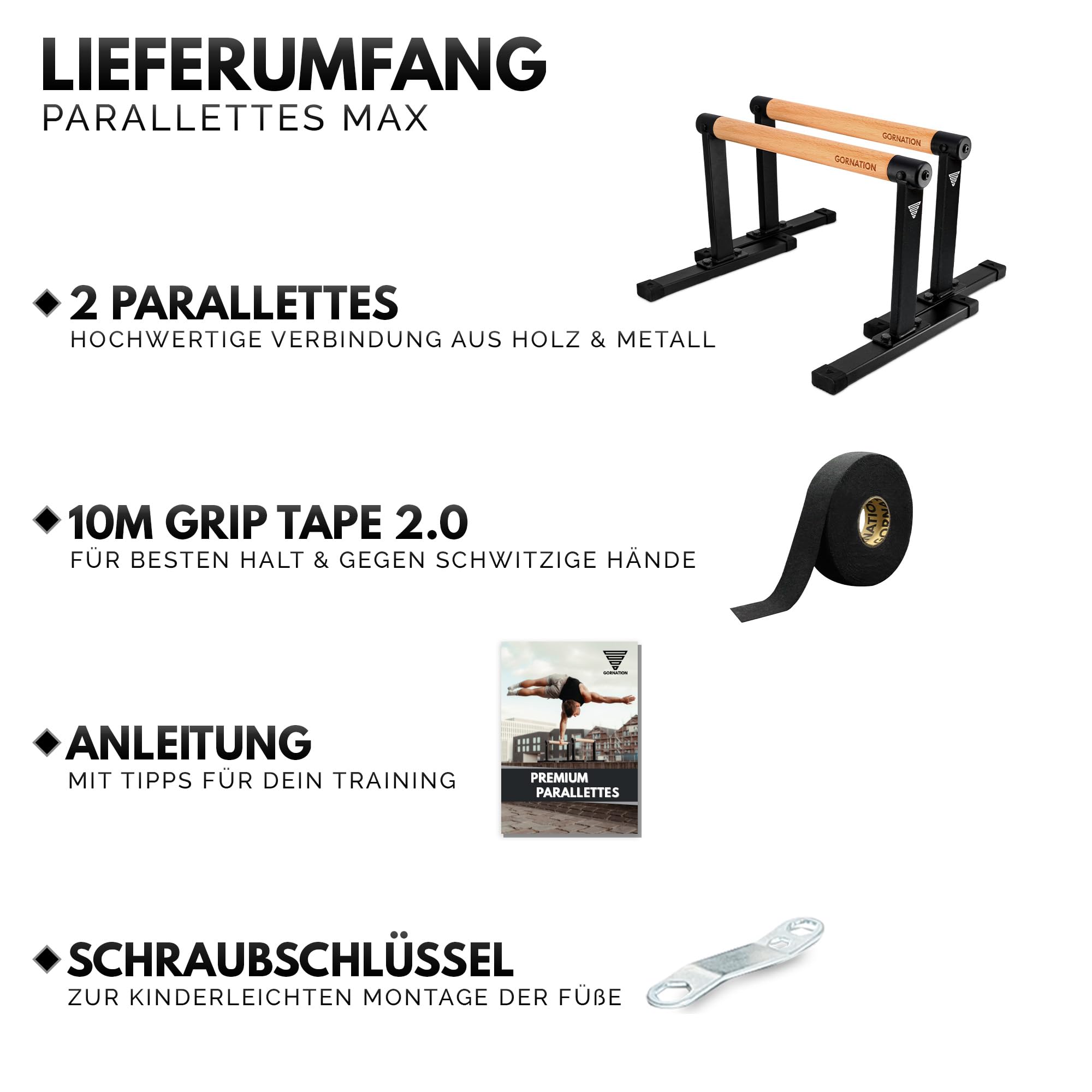 GORNATION Parallettes, inkl. Grip Tape, Liegestützgriffe Calisthenics Equipment für Handstand & Push Ups