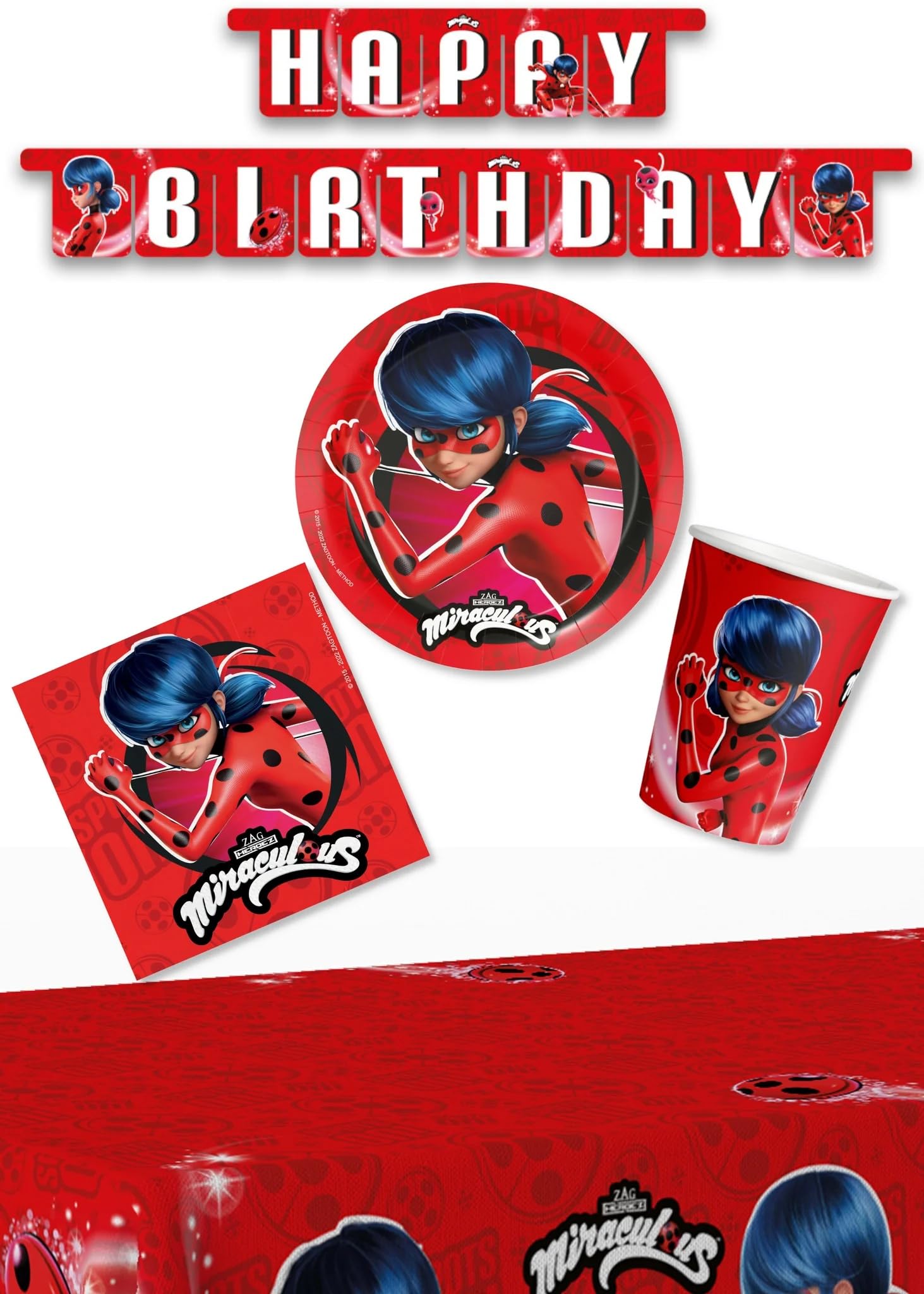 Anila's Party Set Miraculous Ladybug, 38-Piece Set, Plates, Cups, Napkins, Disposable Tableware, Tableware Set