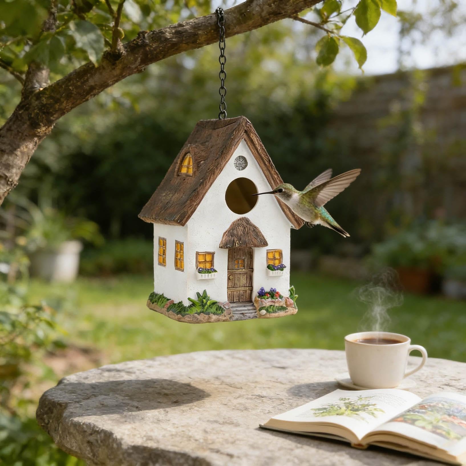 Casetta per uccelli, resistente alle intemperie, stile rustico, ornamento da giardino per esterni, da appendere, impermeabile, in resina, ottimo regalo per gli amanti degli uccelli (bianco)