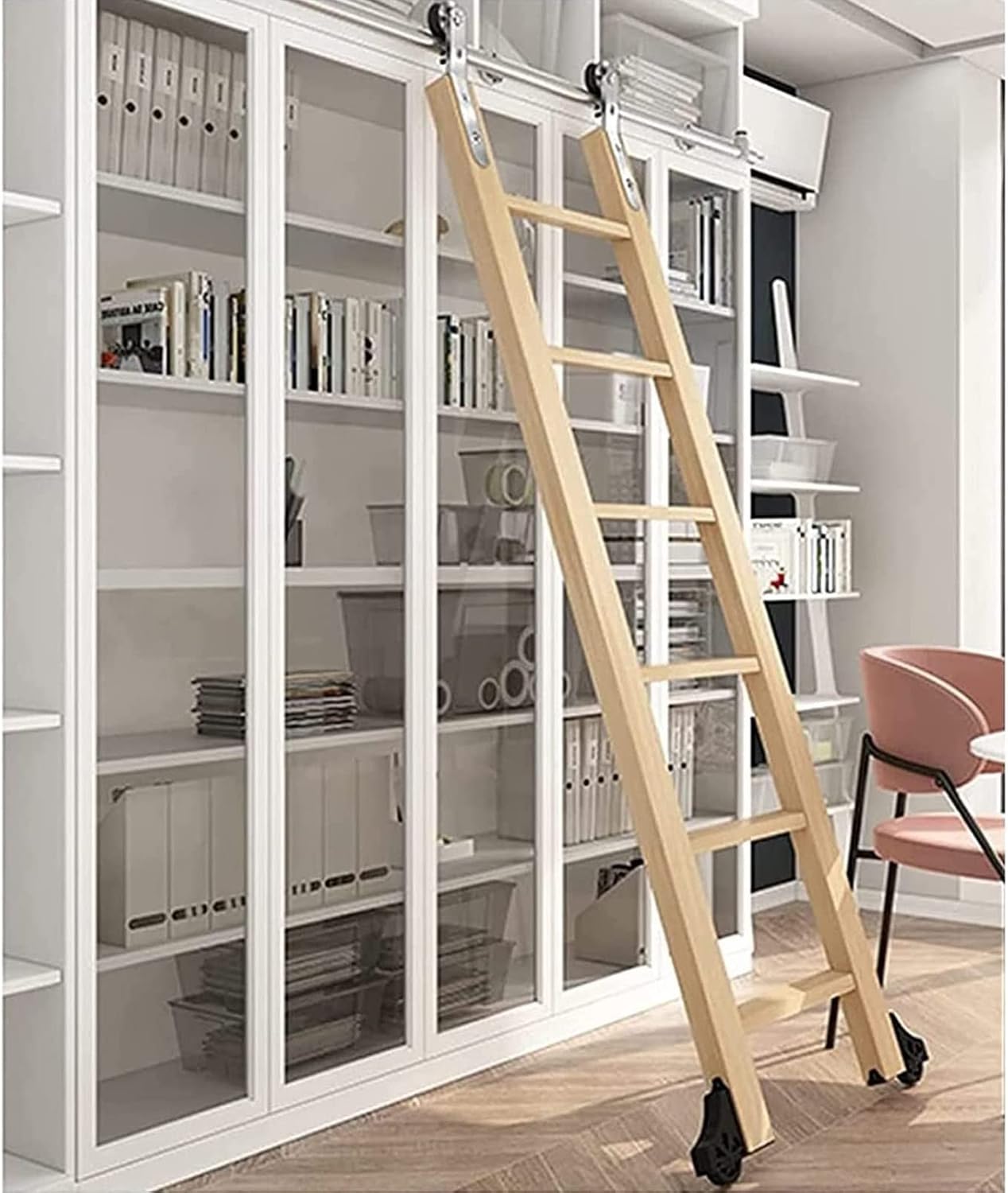 Rolling Library Ladder Hardware Kit - Sliding Barn Door Hardware Track Accessories - Stainless Steel Hardware - with Floor Rollers - 200kg Load Capacity - Easy to Install