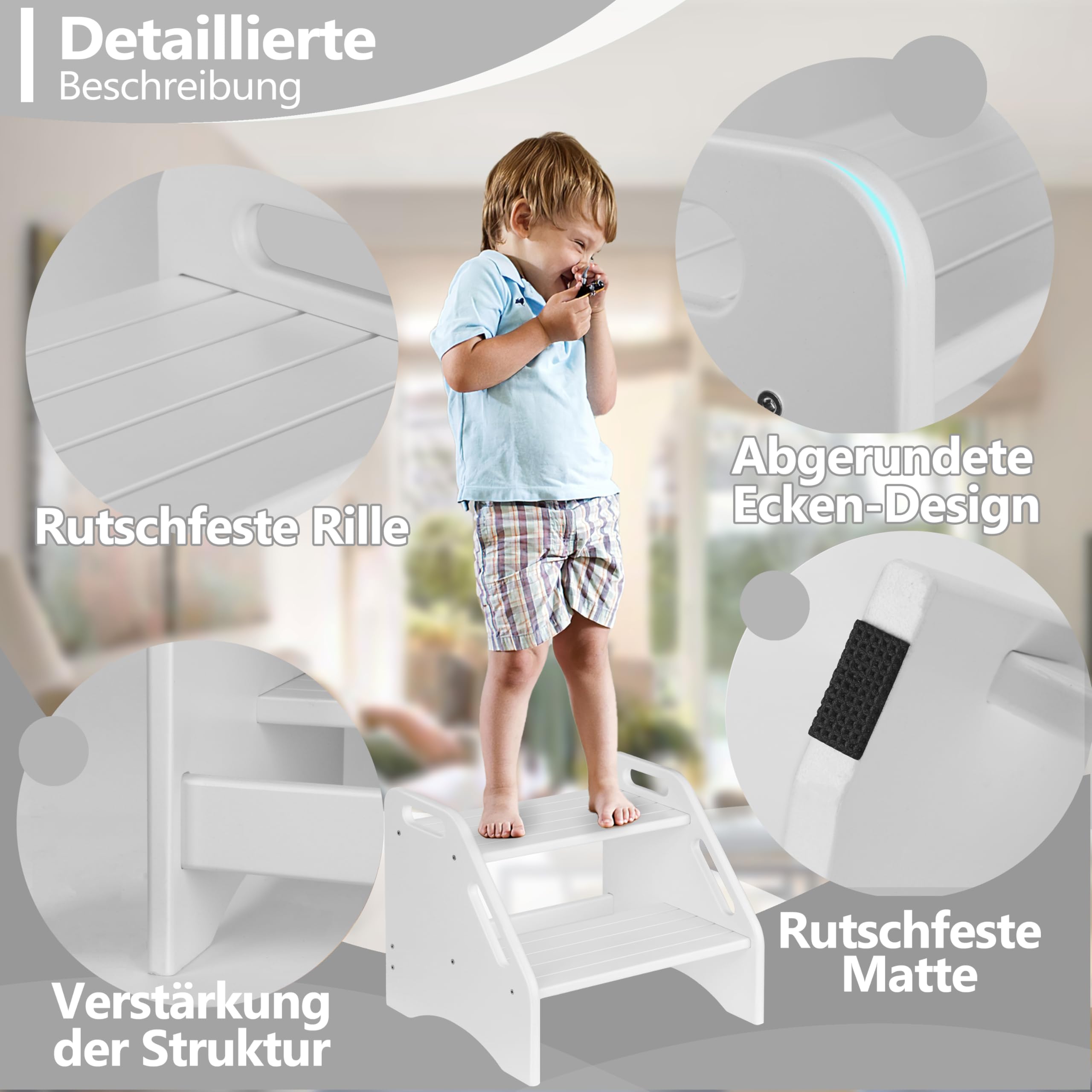 AMBIRD Bambus-Trittstuhl, Zwei-Schritte-Trittstuhl für Kleinkinder mit 136 kg Tragkraft, mit Sicherheits-Anti-Rutsch-Pads und Griffen, Trittstuhl für Bad, Küche, Toilettenhocker für Kinder (Weiß)