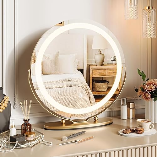 IDEALHOUSE 19" Gold Vanity Mirror with LED Lights, Dimmable 3-Color Touch Control, 360° Rotating Round Makeup Mirror for Bedroom, Tabletop, Easy to Assemble, Gold