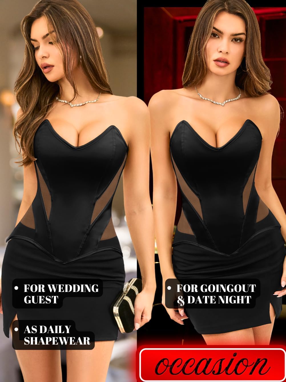 ChiaoLezhee Women's Satin Corset with Sheer Mesh Waist Cutouts, Sexy Slimming Lace-Up Steel Boned Bustier Fits S-4XL