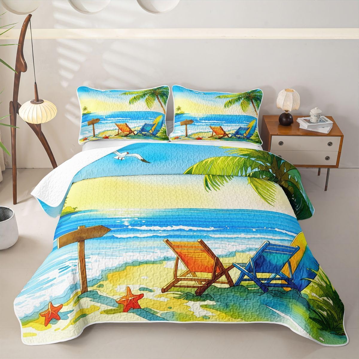 Feelyou Nautical Beach Quilt Set Queen Size Summer Holiday Vacation Comforter Set for Kids Boys Girls Watercolor Tropical Island Bedspreads with 2 Pillowcases Bedding Lightweight
