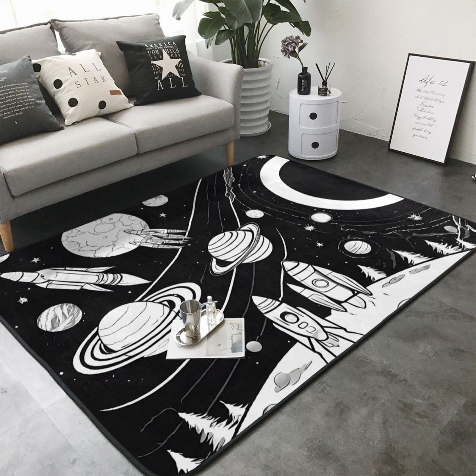 Astronaut and Alien Print Living Room Anti Slip and Absorbent Carpet, Indoor Bedroom Bed Floor Mat, Ultra Soft Washable Carpet 80x58 in