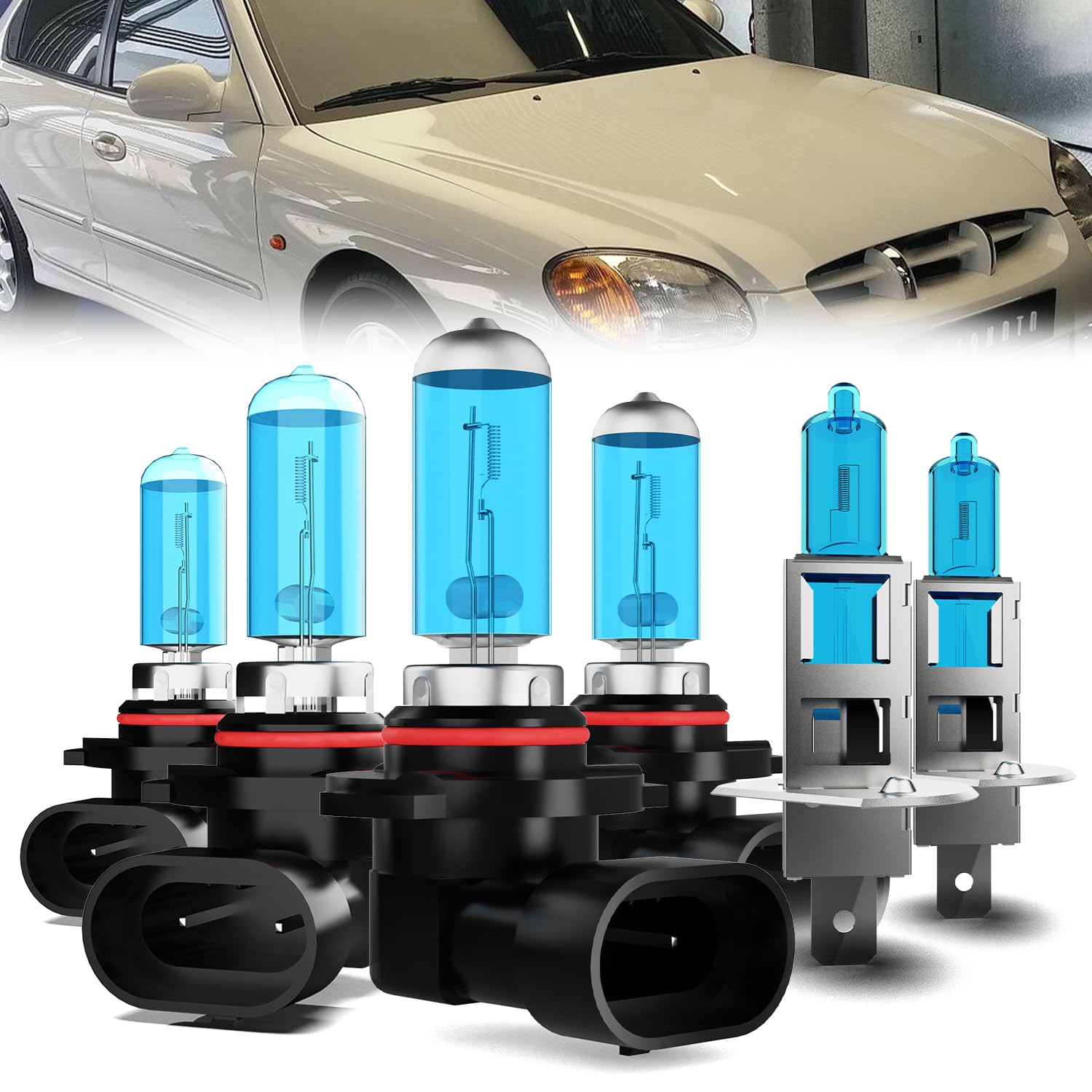 Headlight Bulbs Compatible With Hyundai Sonata 1997-1998, 9005 High Beam + 9006 Low Beam + H1 Fog Lights Halogen Light Bulb Combo, Super Bright 6000K White, Plug and Play, Pack of 6