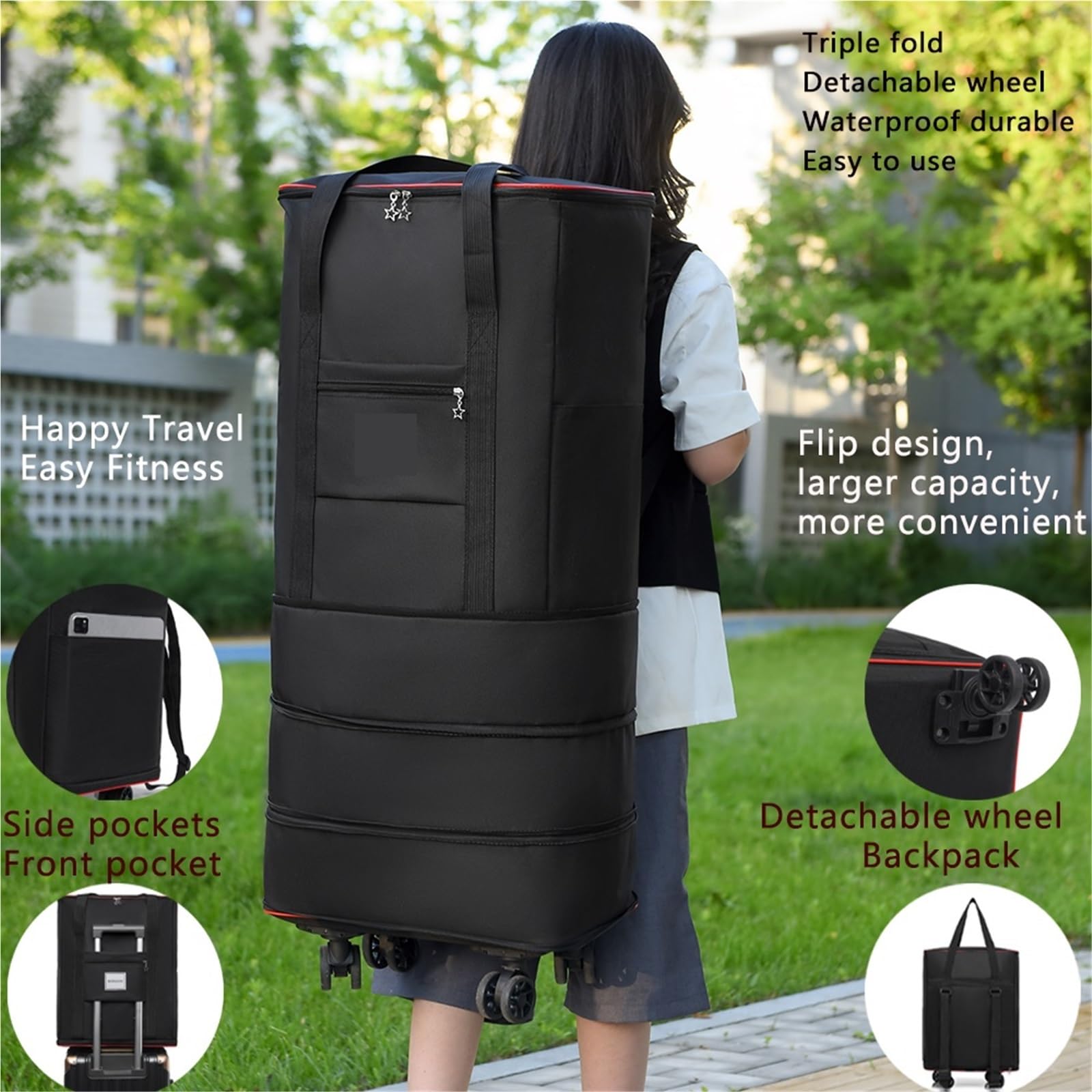 Zaino da viaggio con ruote staccabili, scomparti multipli e regolabile for uso lavorativo o turistico, borsa for il fine settimana Per Viaggiare(Black)