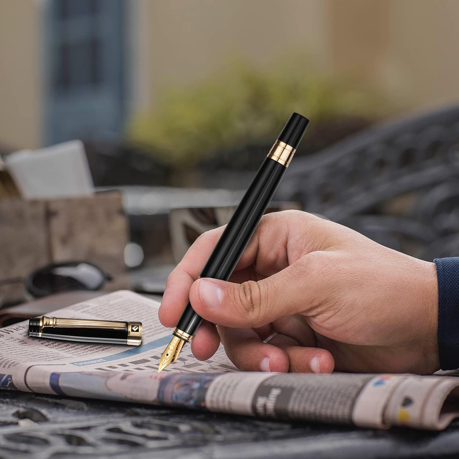 KEYZOR Schwarzer Füller Set, Füllfederhalter edel mit 24k vergoldetem Fein Nib, Tintennachfüllkonverter, Bestes Geschenk für Herren und Damen, Manager, Führungskräfte | Geschenkbox