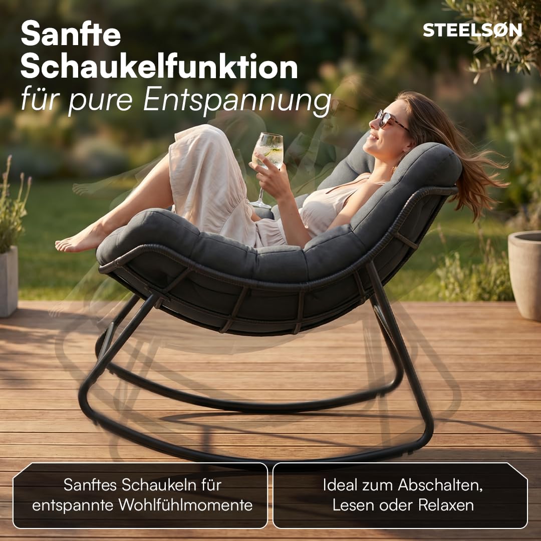 STEELSØN Veldora Schaukelstuhl – XXL Schaukelsessel outdoor/indoor – ergonomischer Gartensessel gepolstert - handgeflochtener Polyrattan - Loungesessel wetterfest & rutschfest – bis 125 kg - anthrazit