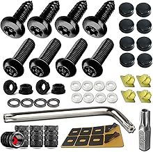 Aootf Black Anti Theft License Plate Screws- Stainless Steel Rustproof Security Bolts Fasteners for Front Rear Car Tag Mount- M6 (1/4") Locking Hardware, with Matte Caps Inserts Nuts, Rattle Proof Pad