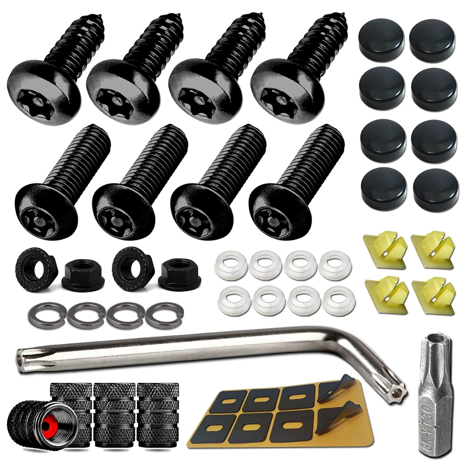 Aootf Black Anti Theft License Plate Screws- Stainless Steel Rustproof Security Bolts Fasteners for Front Rear Car Tag Mount- M6 (1/4") Locking Hardware, with Matte Caps Inserts Nuts, Rattle Proof Pad