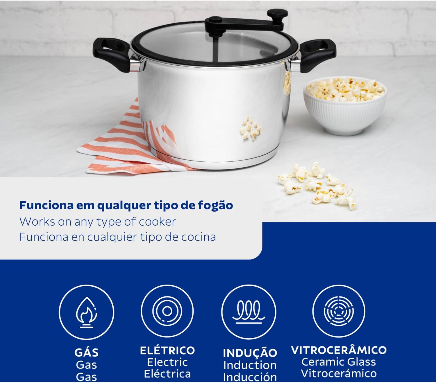 Pipoqueira Tramontina Allegra em Aço Inox com Fundo Triplo e Tampa de Vidro com Borda de Silicone 22 cm 5,6 L Pipoqueira Tramontina Allegra em Aço Inox com Fundo Triplo e Tampa de Vidro com Borda de Silicone 22 cm 5,6 L