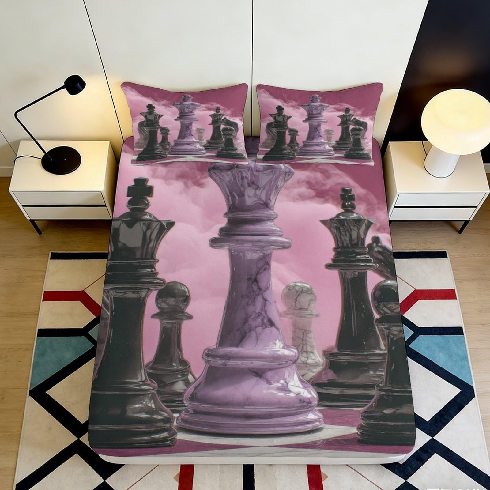 3D Printed Purple Chess Fitted Sheet Microfiber Soft Non-slip Black Chessboard Mattress Cover Bedroom Decor 90x200x25cm