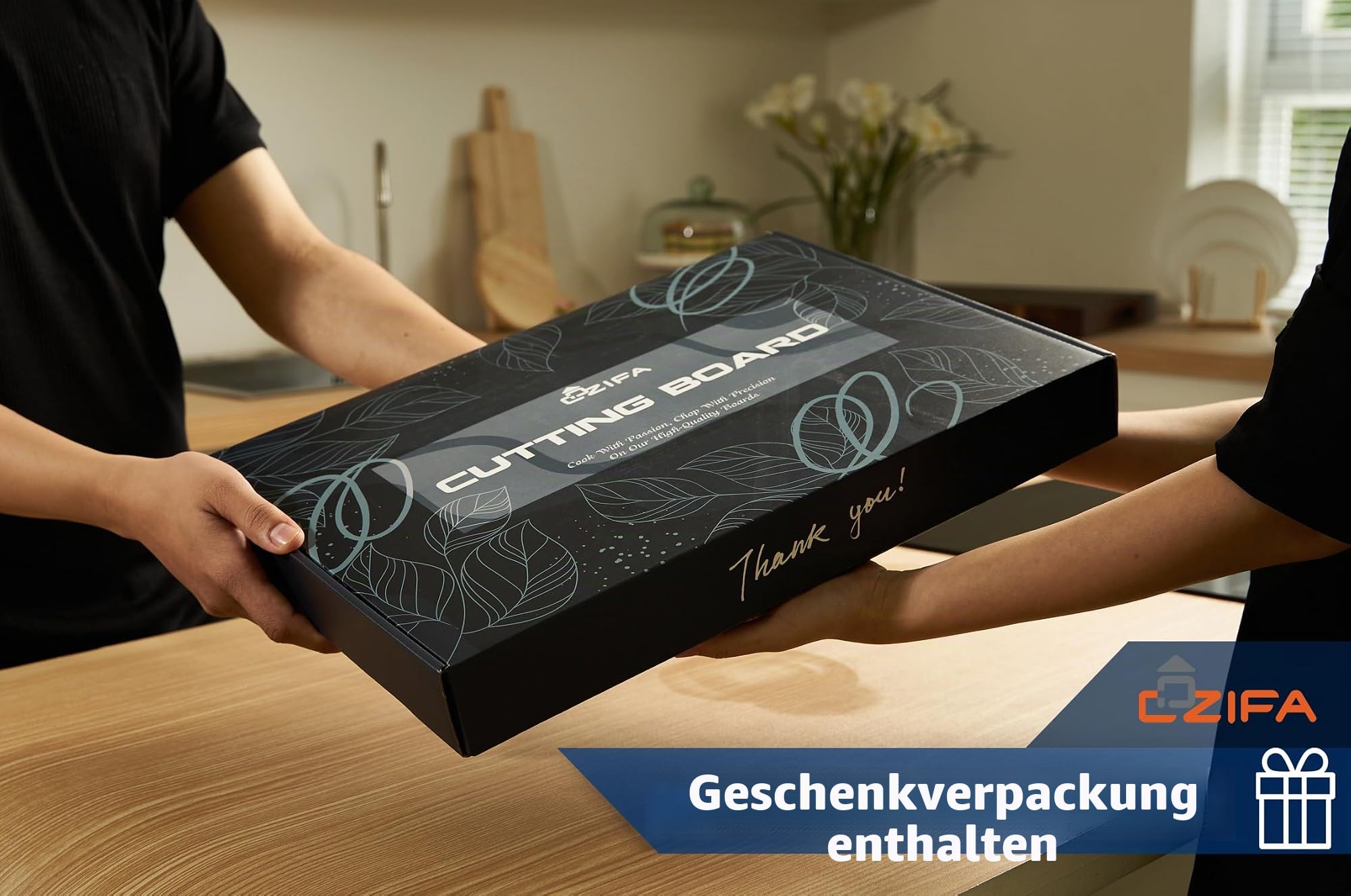 Cozifa Amerikanisches Schneidebrett aus dunklem Walnussholz, 43,2 x 30,5 x 4,1 cm, für Küche mit Saftrille, Innengriffen, Geschenk-Box-Verpackung und Hirnholz-Block mit Leinöl, Bienenwachs und