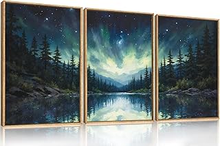 HOURIA Luminous Northern Lights Forest Lake Framed Canvas Wall Art Set,Starry Nordic Aurora Borealis Mountain Scenery Decor,Wilderness Pine Tree Reflection Artwork for Living Room,Farmhouse-16 x24 x3