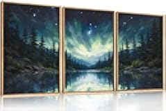 HOURIA Luminous Northern Lights Forest Lake Framed Canvas Wall Art Set,Starry Nordic Aurora Borealis Mountain Scenery Decor,Wilderness Pine Tree Reflection Artwork for Living Room,Farmhouse-16 x24 x3