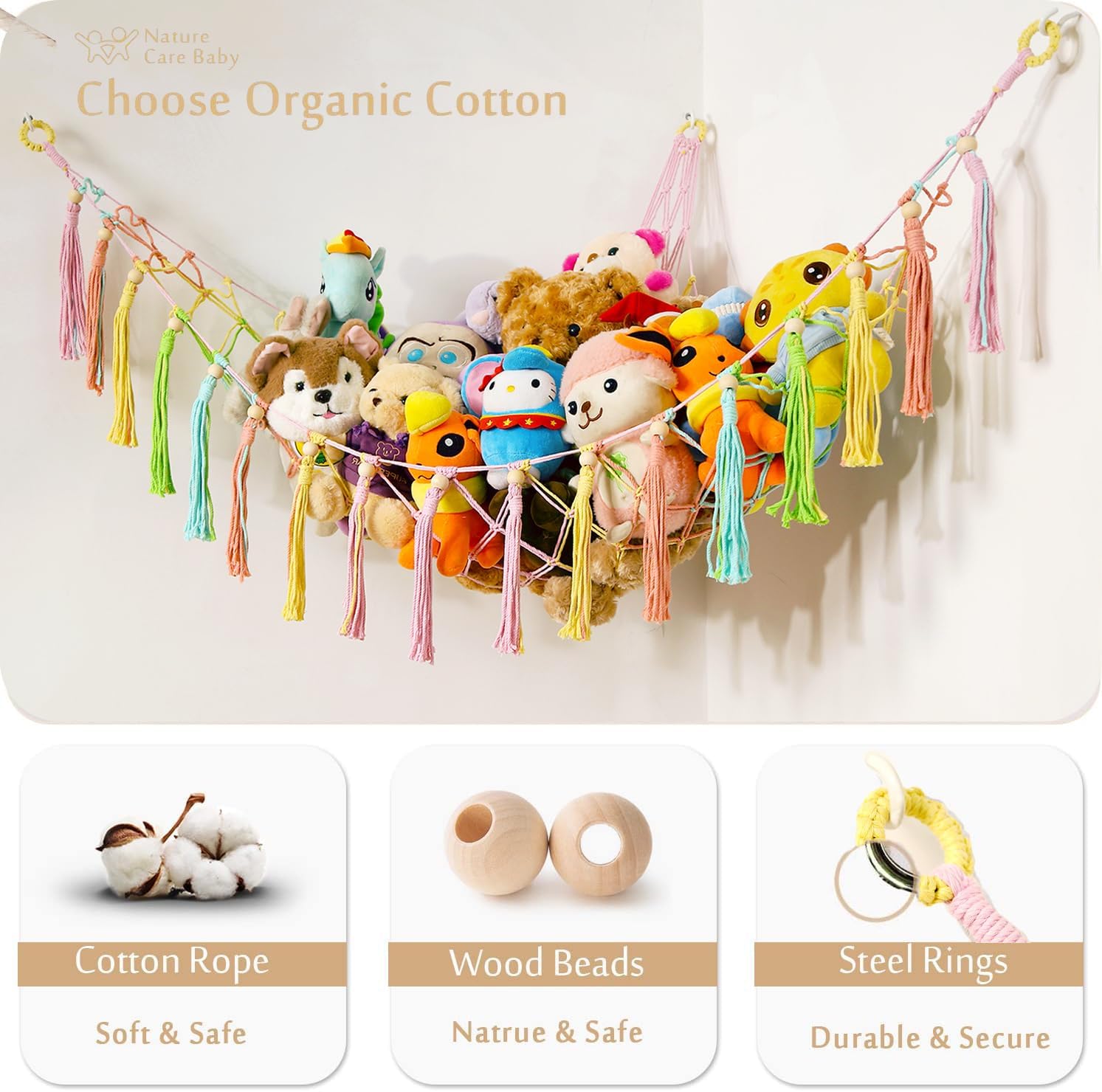 YKBU Stuffed Animals Hammock Corner Hanging Net with Wooden Beads Macrame Stuffed Animal Storage Ideas Plush Holder Toy Organizer for Boho Nursery Playroom Bedroom Kids Room Decor (Colorful, X-Large)
