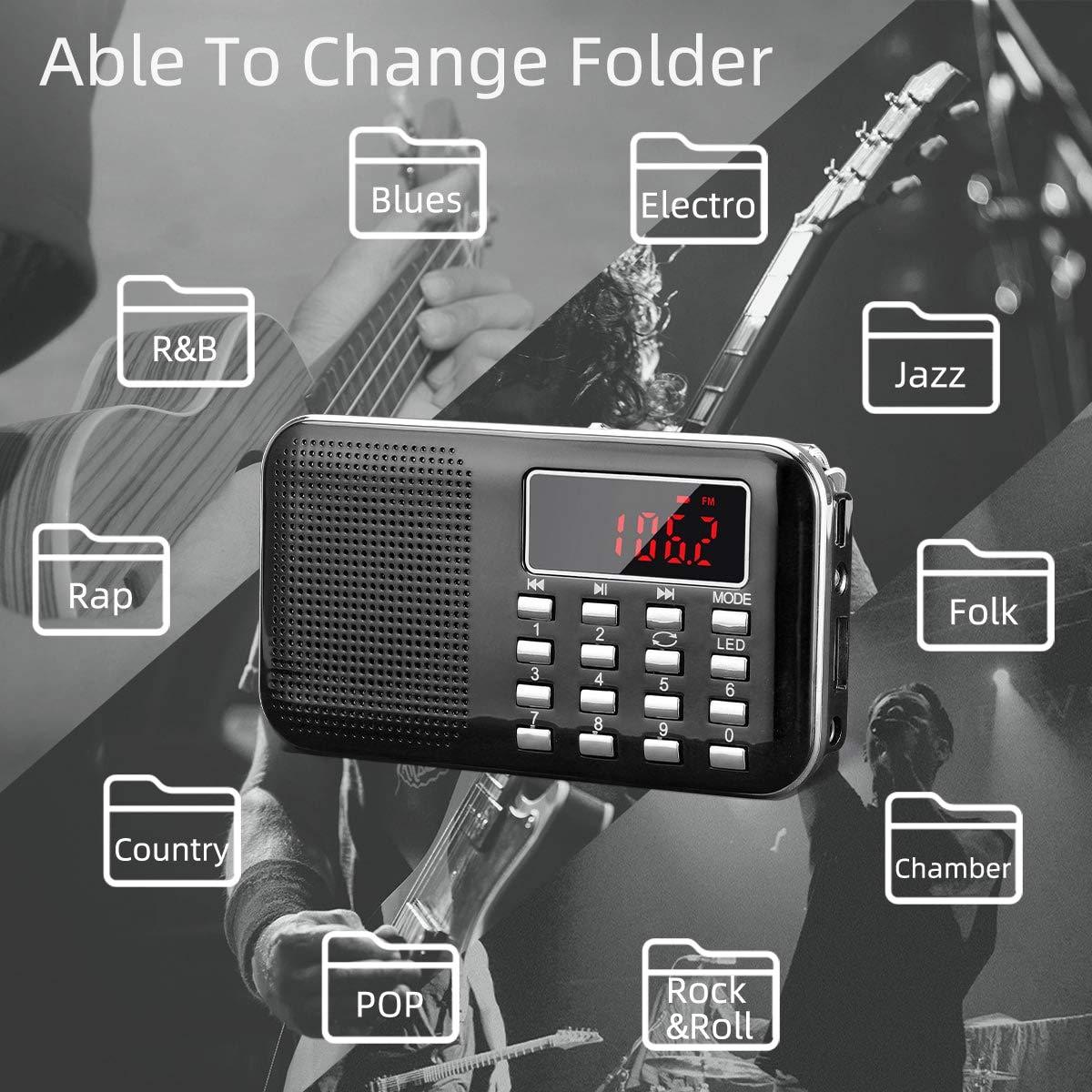 PRUNUS J-908 Przenośne radio z możliwością ładowania FM/AM(MW), przenośny cyfrowy radiolina, odtwarzacz muzyki MP3, obsługa USB/AUX/TF, dodana latarka awaryjna (czarna)