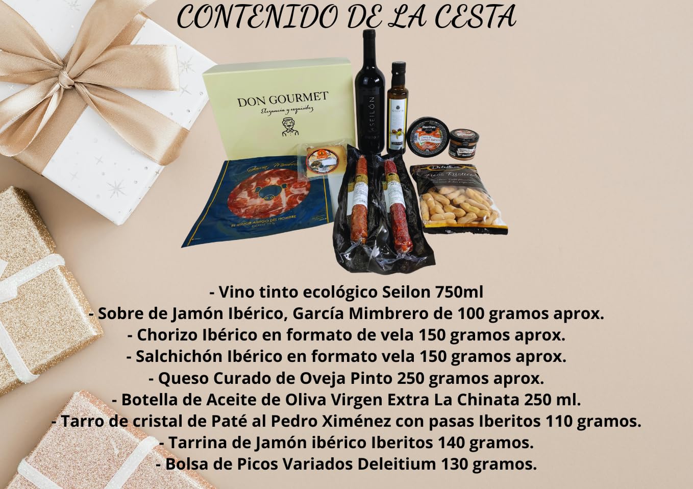 DON GOURMET, Cesta Gourmet para Regalar, Queso curado, jamón ibérico, chorizo ibérico, lote embutidos ibéricos, aceite de oliva virgen extra, patés, pack ibéricos, Regalo Original.