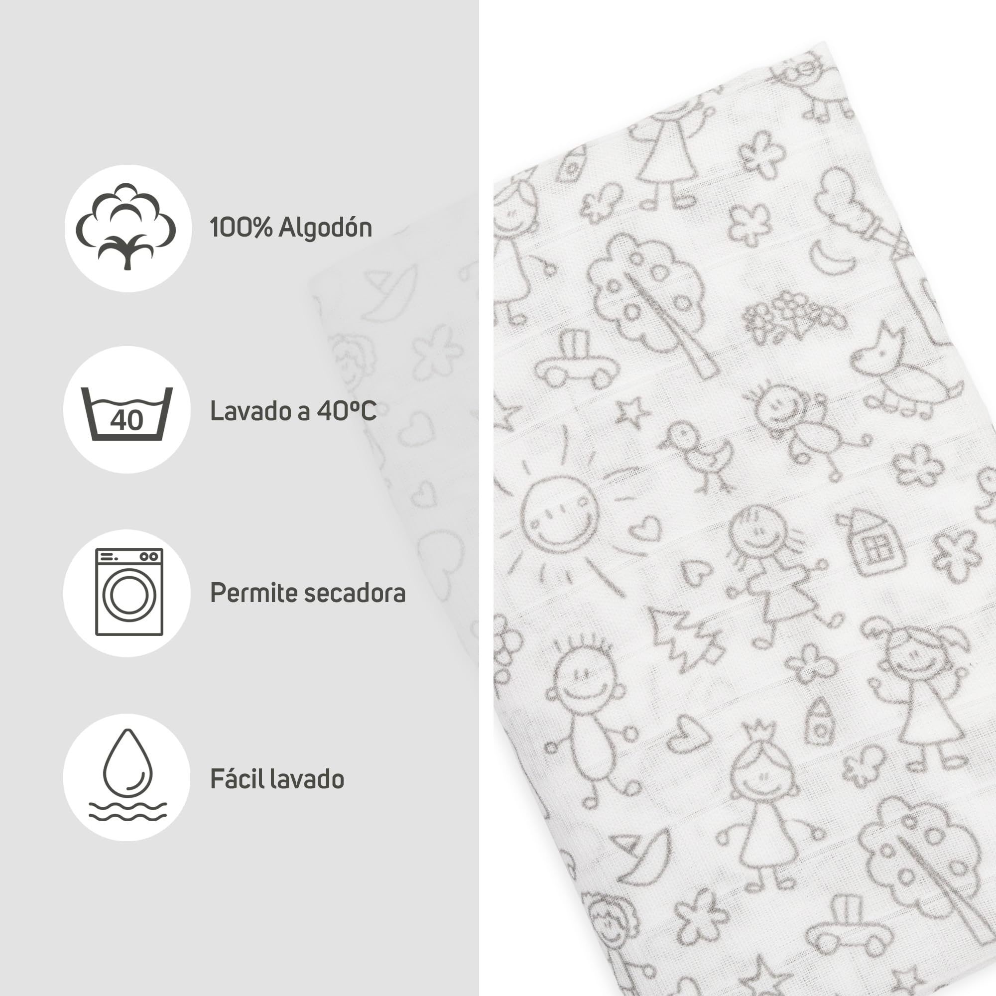 Ti TIN Muselina 100% Algodón 120 x 120 cm, Transpirable, Ligera y Suave, Ideal para bebés de 0-36 Meses, fácil Lavado y Secadora, Fabricada en España, Estampado de Dibujos de niños Color Gris