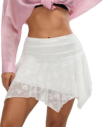 Womens Pleated Lace Mini Skirt Y2k Summer Casual Tasseled Short Skirts Streetwear