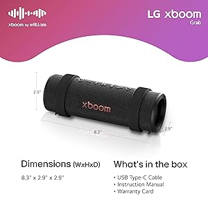LG xboom Grab Core by will.i.am, Portable Outdoor Bluetooth Speaker for Sports and Athletes, up to 19 Hours, IP67 Dust and Water Resistant, Adjustable Carrying Straps. Perfect for Biking and Hiking