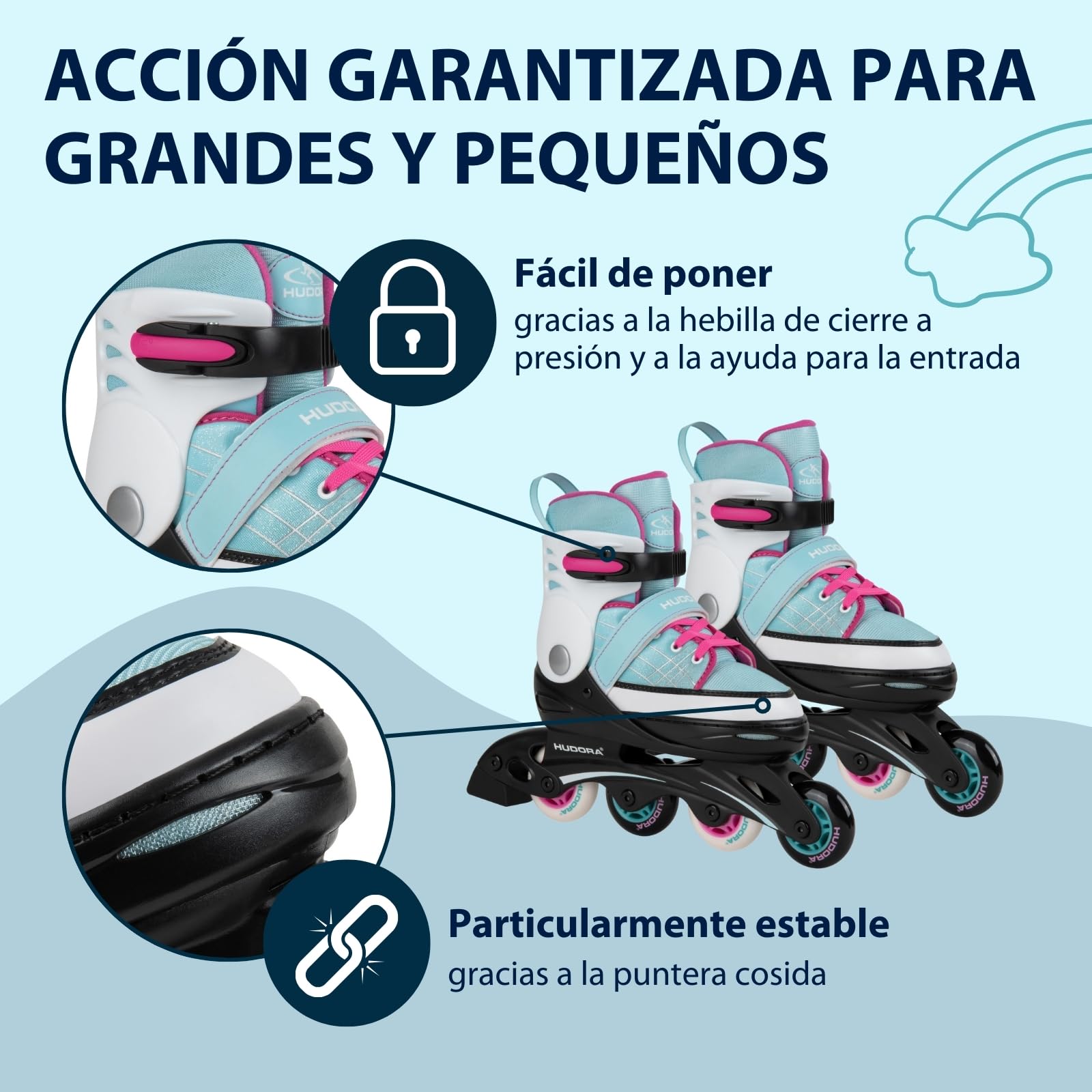 HUDORA Kids Inline Skates Basic | Patines en línea para niñas y niños, Ajustables en 4 Tallas | Fácil Entrada Gracias a la Correa de Potencia y la Hebilla de Cierre a presión