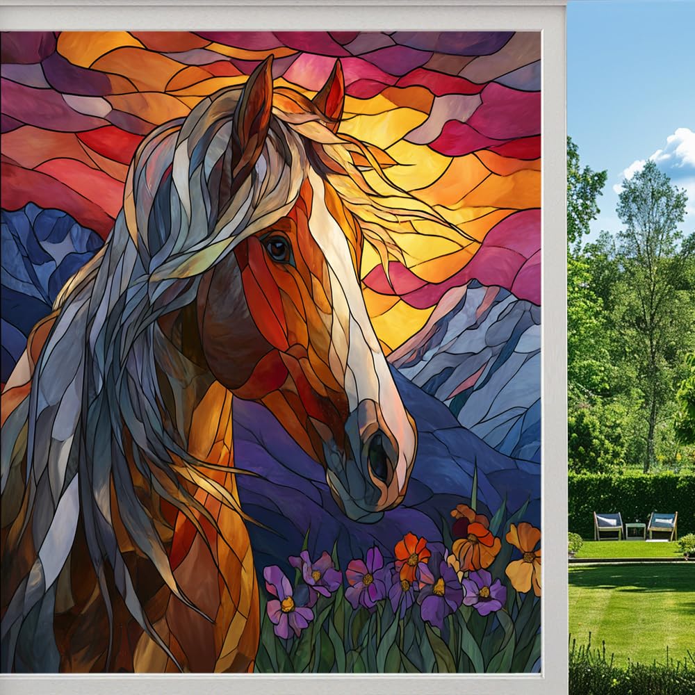 Abstract Horse Frosted Window Film, Colorful Natural Wildlife Stained Glass Privacy Film, Heat Insulation Self-Adhesive Vinyl for Bathroom Office,（90x160cm）