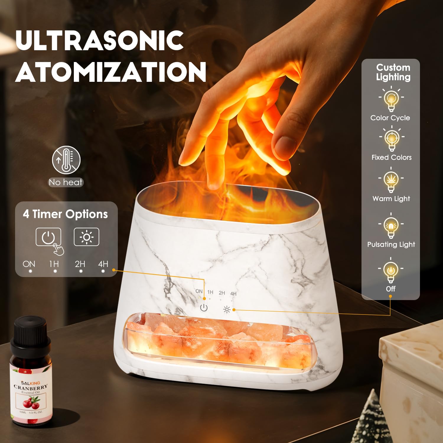 SALKING Dyfuzor zapachowy z lampą Salt Range Pakistan, 7 kolorów LED z efektem płomienia do olejków eterycznych, aromaterapia ultradźwiękowa, 150 ml (marmur RGB)