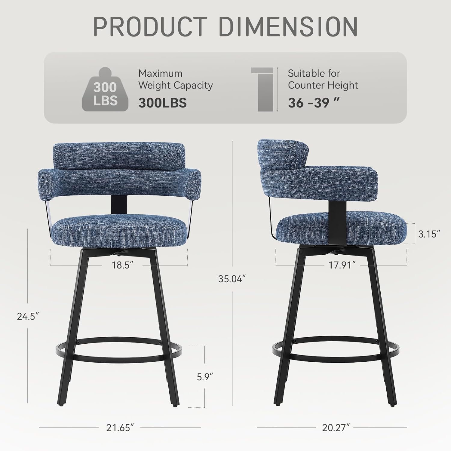 Counter Height Bar Stools with Full Back – Swivel Counter Stools Set of 2 with Linen Padded Back, Metal Footrest, Modern Barstools for Kitchen Counter, Island, Dining Room, Blue 24 inch