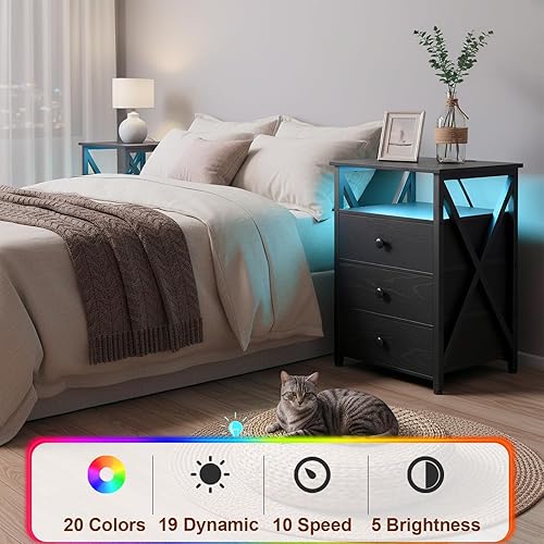 Miniatura 7 de AMHANCIBLE Juego de 2 mesitas de noche, mesita de noche LED con estación de carga, mesas auxiliares con puerto USB y tomacorriente, mesita de noche